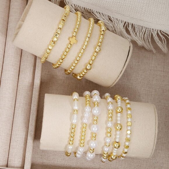 Gold Bead Bracelets Set 10PCS Elastic Stackable Pearl Jewelry for Women - Picture 7 of 7